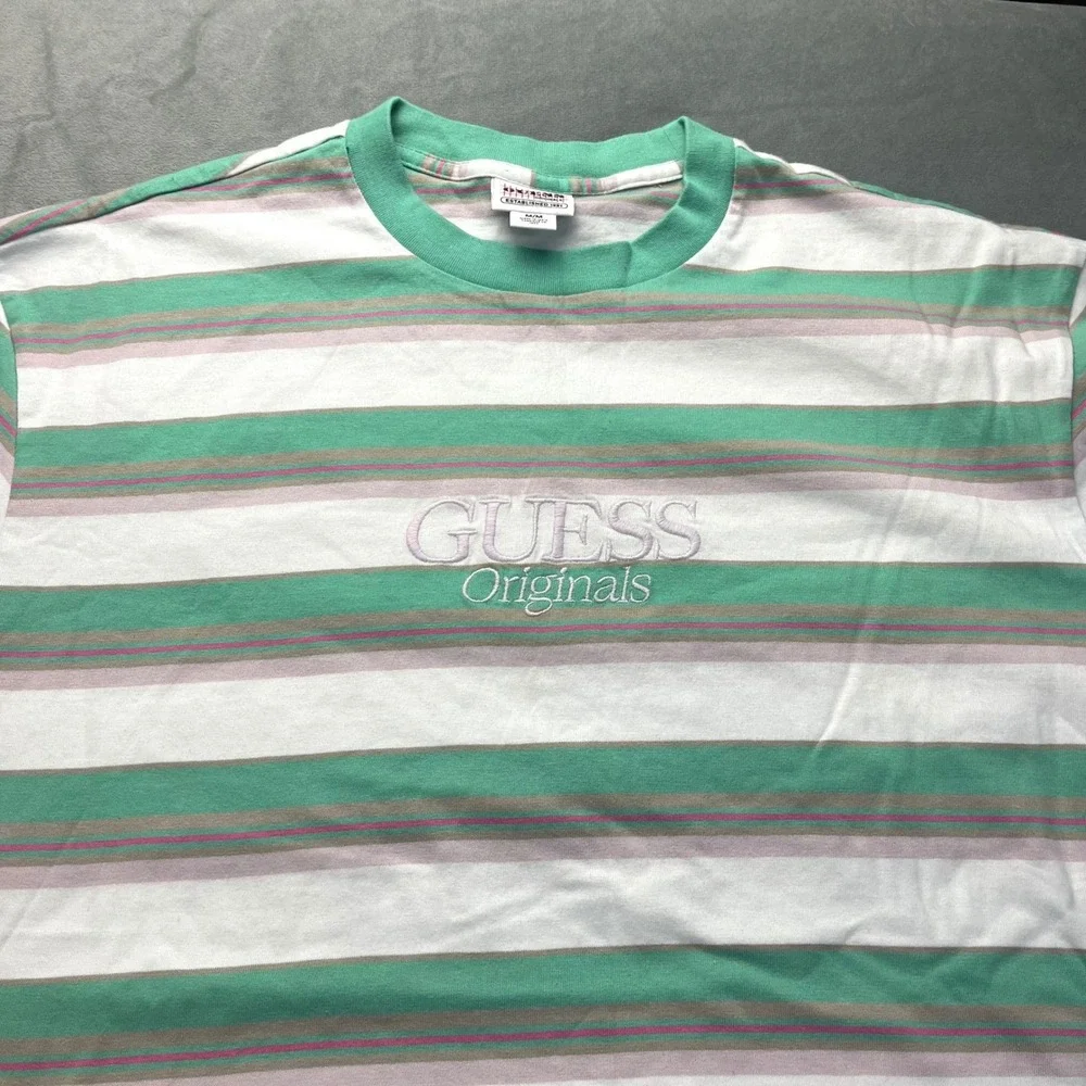NWT Guess Originals Mens Medium Green White Pink Stripe Short Sleeve T Shirt Tee - Picture 3 of 7